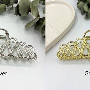 May include: Silver and gold-coloured hair claw clips. The clips have an open, looped design. The silver clip is on the left, and the gold clip is on the right. The word "Silver" is below the silver clip, and the word "Gold" is below the gold clip.