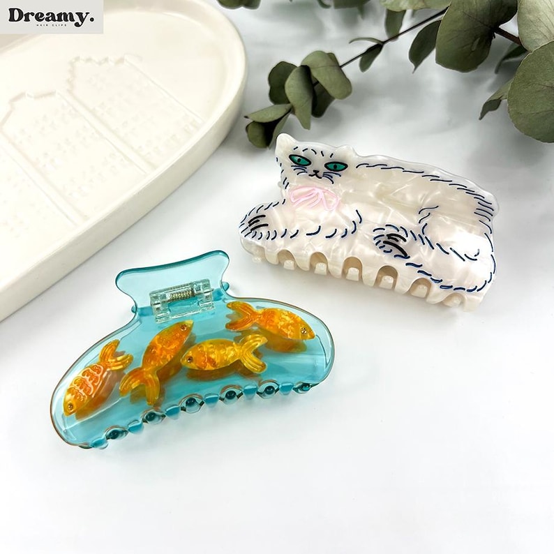 Goldfish Hair Clip, Cat Hair Clip, Fish Hair Claw, Fun Hair Accessories, White Blue Acetate Hair Clip, Transparent Hair Clamp, Gift For Her image 2