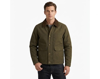 Men's Olive Green Canvas Jacket: Corduroy Collar Workwear Coat