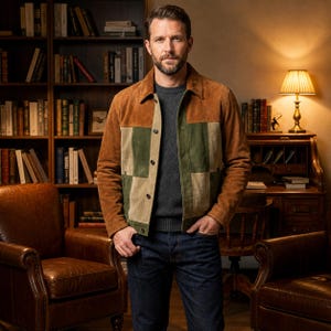 Men's Brown Suede Leather Jacket | Patchwork Western Biker Jacket | Vintage Moto Motorcycle Style Coat