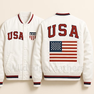 Unisex Satin Bomber Jacket: Vintage USA Flag Letterman Style