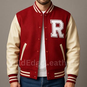 Men's Red Varsity Jacket Cream Leather Sleeves, Spring Letterman Jacket with R Patch, Vintage College Style Bomber, Retro Baseball Jacket
