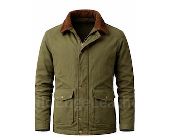 Men’s Olive Green Canvas Jacket With Corduroy Collar, Workwear Style Cotton Jacket, Gift For Her Or Him