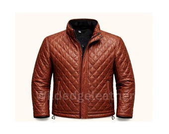 Chaqueta de cuero acolchada para hombre, piel de cordero auténtica con acolchado de rombos, estilo urbano