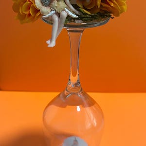 Fairy wine glass tea light candle holder with orange decor. ( Battery operated tea  light included)