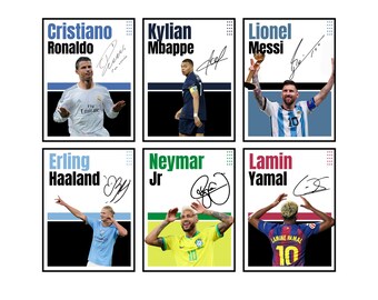 6 leyendas del fútbol, arte de pared imprimible, póster de Messi, Ronaldo, Mbappé y Haaland, pósteres de fútbol, descarga digital, impresión de fútbol para pared