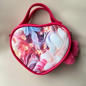 Heart-Shaped Crossbody Bag- Floral Crossbody purse - Pink Handbag with top Handles