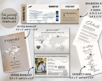 Passport Wedding Invitation Template, Boarding Pass Invite, Travel Theme (Canva)
