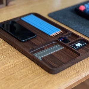 Walnut Desk Organizer Tray – Minimalist Wood Catchall for Office, Entryway, or Nightstand