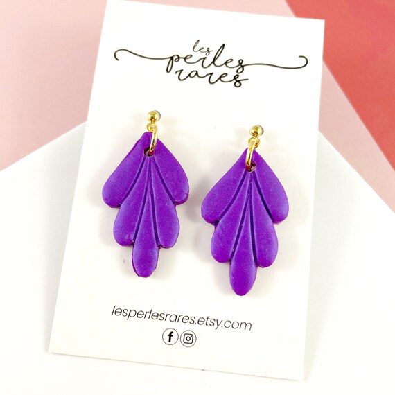 Polymer lozange leave, shinny, purple, polymer earring, earring, gold stud, gold earring, polymer clay earring, les perles rares