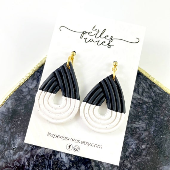 Earrings black, white, colors, polymer clay, drop shape, tubes, gold leaf, gold stud, gold, earring, polymer clay earring, les perles rares