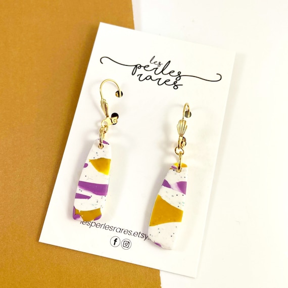 polymer geometric, white, mustard, purple, long, classic earring, long earring, summer, polymer clay earring, les perles rares