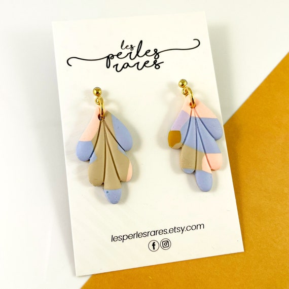 Polymer lozenge leave blue, pastel mix, polymer earring, summer earring, gold stud, gold,earring, polymer clay earring, les perles rares