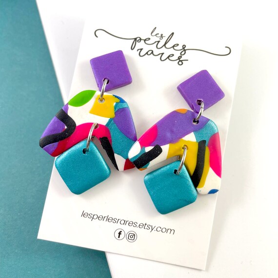 Polymer, earrings, geometric, blue square, purple, mix colors, colors mix, dangle earring, three pieces, stainless stud, les perles rares