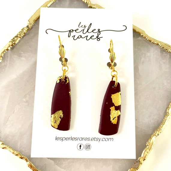 Polymer geometric, burgundy color, gold foil, long earring,  dangle, polymer clay earring, les perles rares