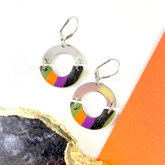 Dangle earring, polymer clay earring, stripes, halloween colors, black shinny, polymer and stainless, handmade earring, les perles rares