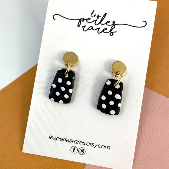 Polymer earring, black and white, dots, little handmade dots, white, light small earring, stud gold, polymer clay, stud, les perles rares