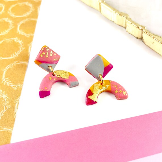 Polymer gray, square, arch, arc, pink, mustard, gold foil, earring, two pieces, stainless stud, polymer clay earring, les perles rares