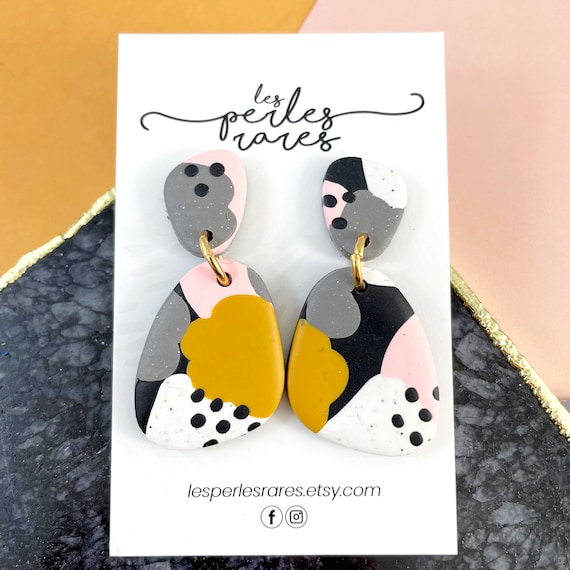 Polymer, earrings, studs, white, black dots, pink, mustard, grey, colors mix, dangle earring, two pieces, stainless stud, les perles rares