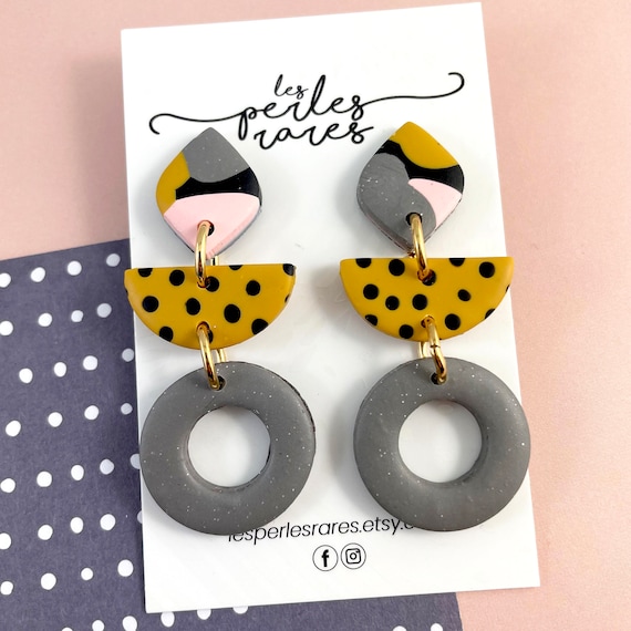 Polymer, earrings, studs, white, black dots, pink, mustard, grey, colors mix, three pieces, stainless stud, les perles rares