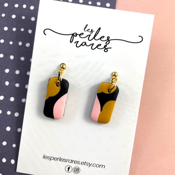Polymer earring, black pink mustard, light small earring, stud gold, polymer clay, stud, les perles rares