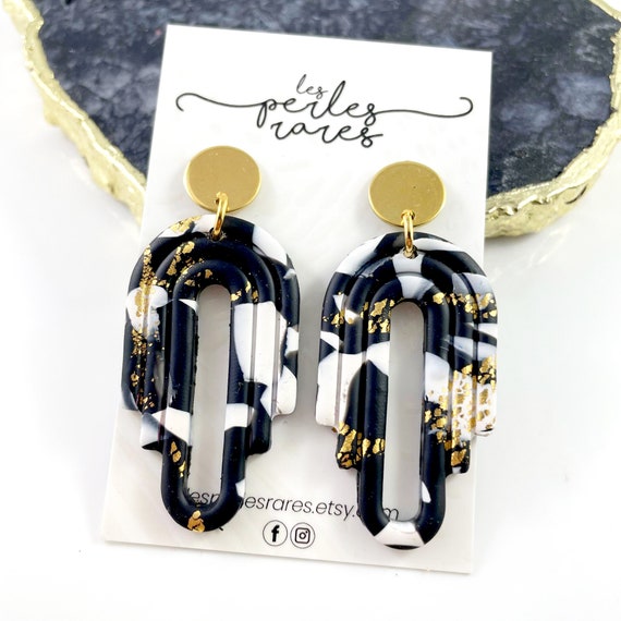 Polymer earring, white, black, gold foil, 3 tubes shape, earring, form gold, gold stud, dangle ring, polymer clay, stud, les perles rares