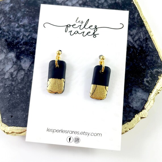 Polymer geometric, black, gold foil, polymer clay, long earring, dangle, clay earring, les perles rares