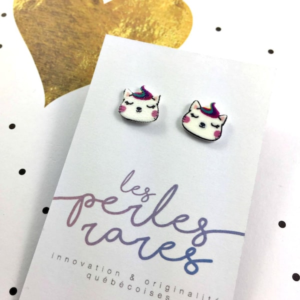unicorn, cat, rainbow hair, rwhite, stud, earring, shrink plastic,  stainless stud, nickel free, light, handmade, les perles rares