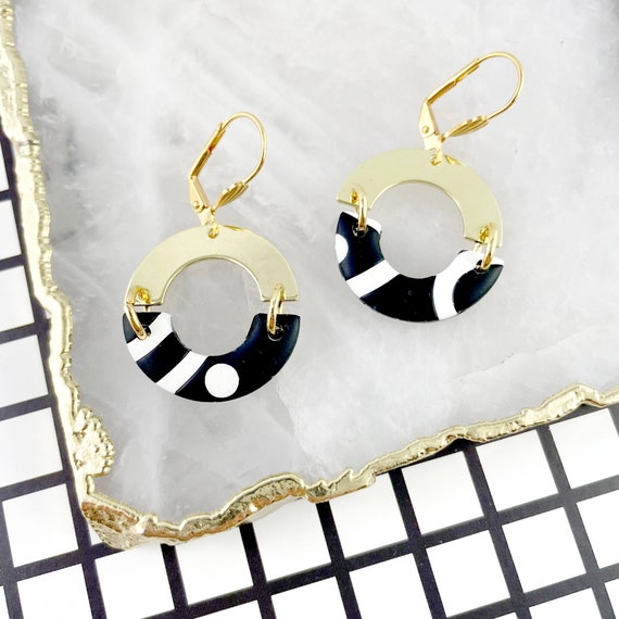 Dangle earring, polymer clay earring, gold white black, gold, polymer and stainless, handmade earring, les perles rares