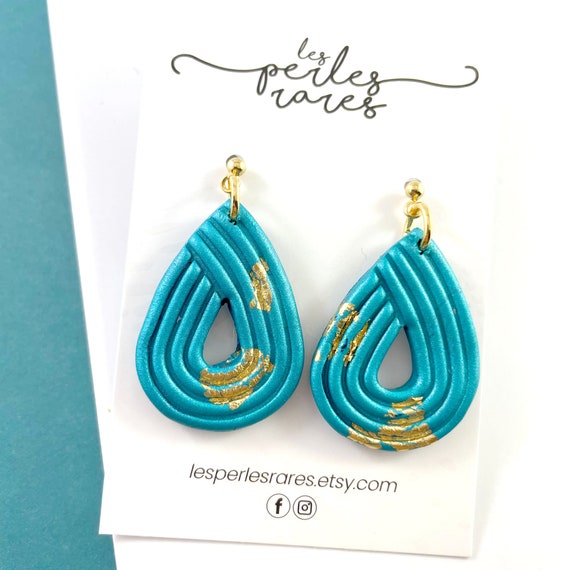 Earrings turquoise, shinny, polymer clay, drop shape, tubes, gold leaf, gold stud, gold, earring, polymer clay earring, les perles rares