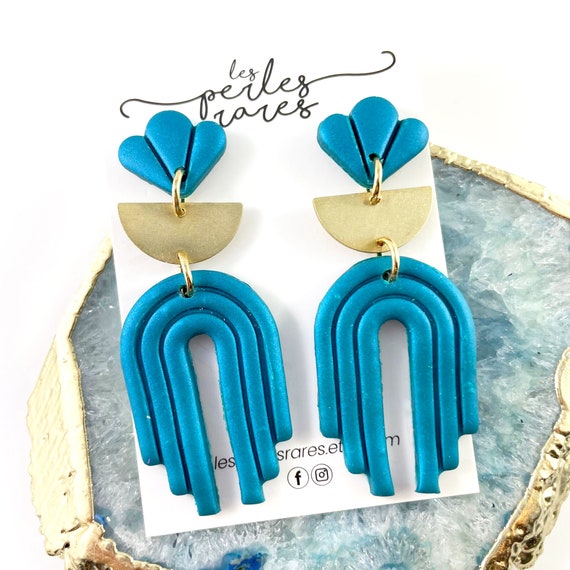 Polymer earrings, turquoise, blue, 3 tubes shape, half circle metal form gold, dangle ring, big, polymer clay, stud, les perles rares