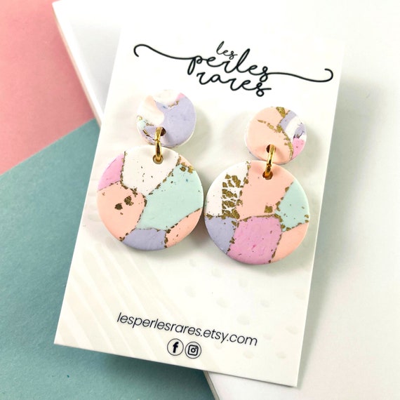 Polymer, earrings, studs, round, pastel, easter, gold foil, colors mix, dangle earring, two pieces, stainless stud, les perles rares