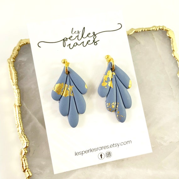 Polymer leave gray blue, gold foil, polymer earring, all season earring, gold stud, gold earring, polymer clay earring, les perles rares