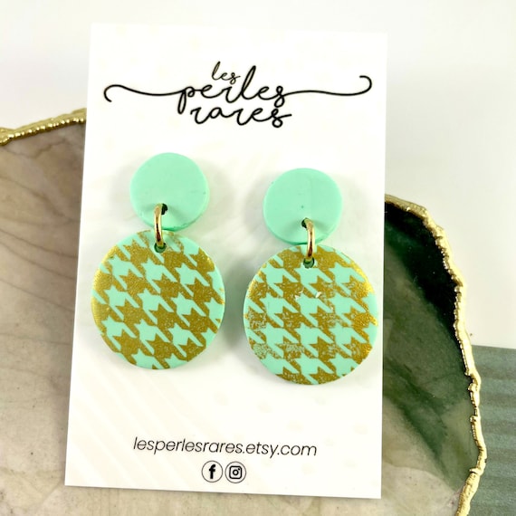 Polymer, earrings, studs, round, striped, houndstooth, mint, gold polymer, colors mix, dangle earring,, stainless stud, les perles rares