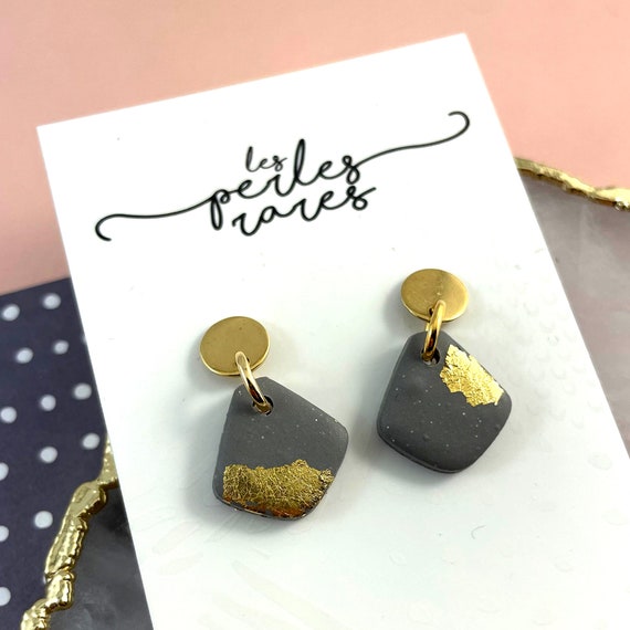 Polymer earring, gray, gold foil, little handmade dots, white, light small earring, stud gold, polymer clay, stud, les perles rares