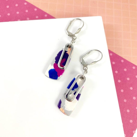 polymer geometric, diamond, metal, long earring,stainless, purple, grey, royal blue, pink,polymer clay earring, metal oval, les perles rares