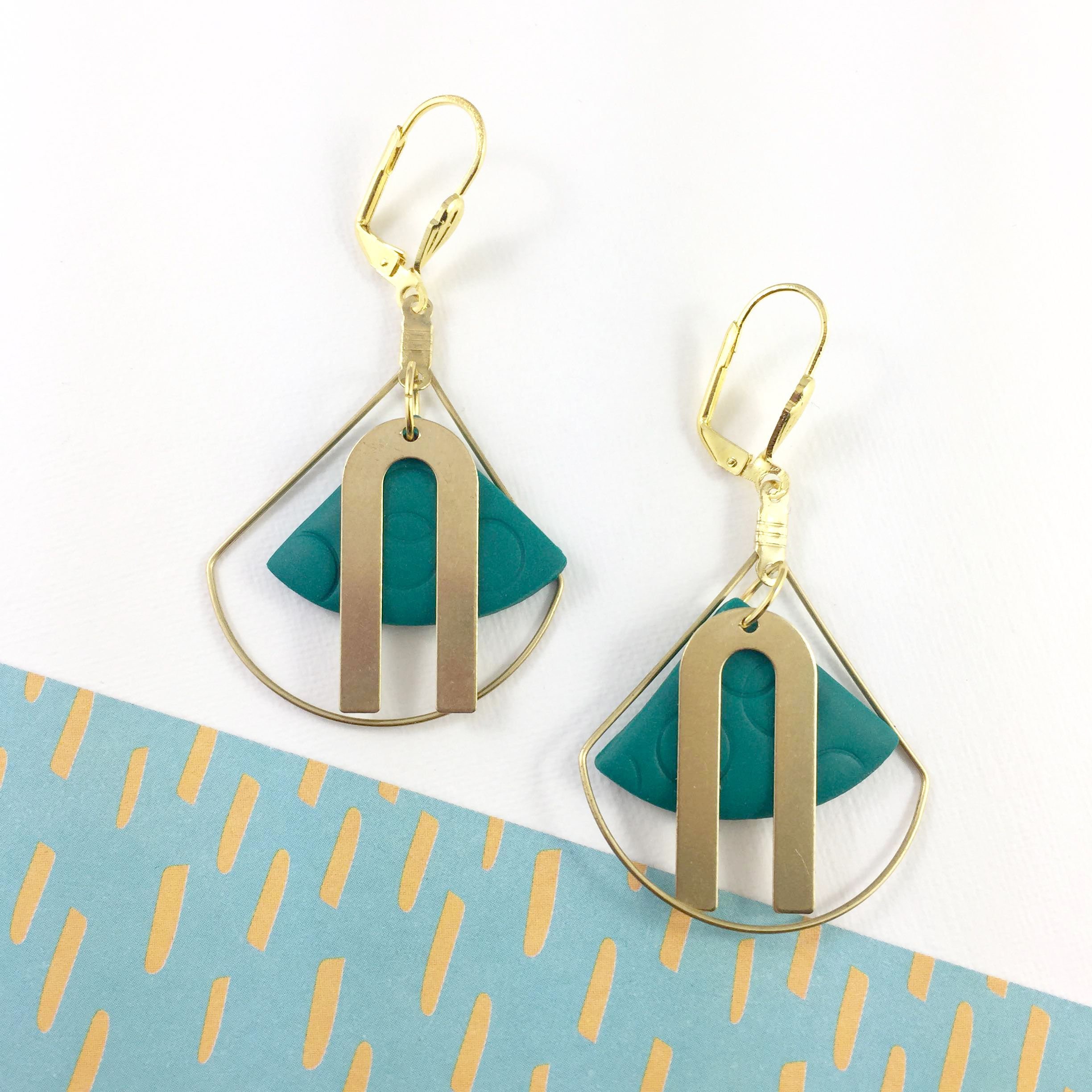 Blue and Gold Triangular Dangle Clay Earrings
