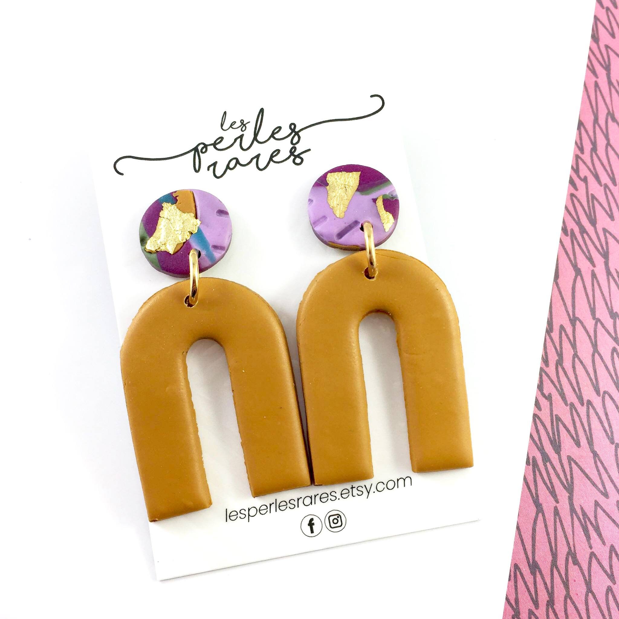 Pink and gold heart polymer clay earrings