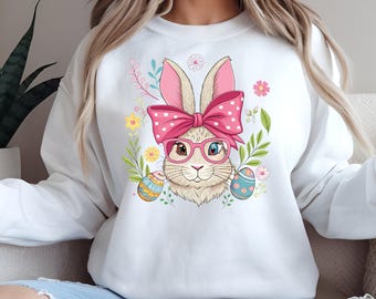 Sudadera de conejito de Pascua para mujer, bonita sudadera de Pascua, suéter de primavera con cuello redondo y estampado floral de conejo, atuendo festivo, Pascua pastel