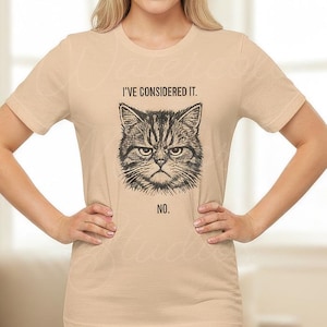 May include: Beige t-shirt featuring a grumpy cat graphic with the text "I've considered it. NO." The cat illustration is detailed with a stern expression. The shirt has short sleeves and a crew neck.