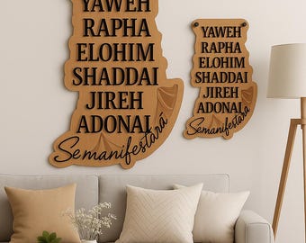 Names of God Wooden Wall Sign | Christian Home Decor | Yahweh Rapha Elohim Shaddai Jireh Adonai | Faith Wall Art