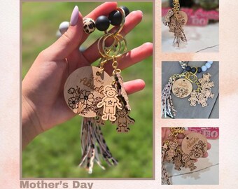 Personalized Mother's Day Keychain: Engraved Wooden Charm, Beaded Bracelet