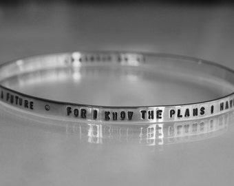 PERSONALIZED mens / womans. 100 custom text/numbers hand stamped inside/outside/both sides. 925 5mm x 2mm strip round bracelet WORDs of LOVE