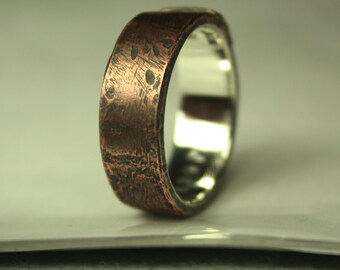 PERSONALIZED Artisan, rustic, organic copper/brass top layer MENS ring. OAAK design for him. Polished sterling silver inside of the ring.