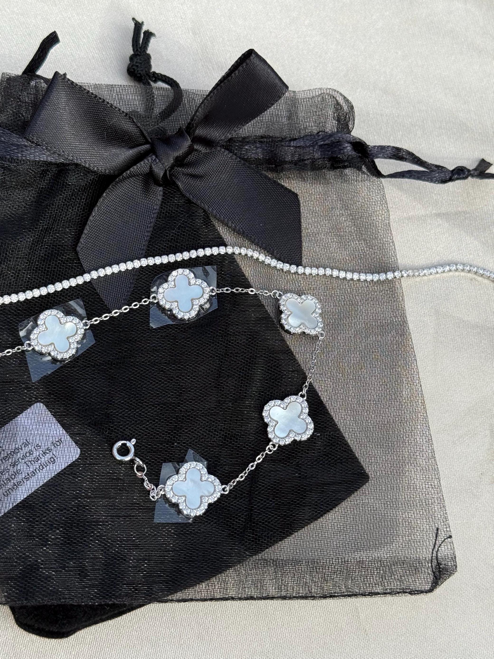 925 Real Solid Silver Clover Bracelet With Zircons, 5 Motif