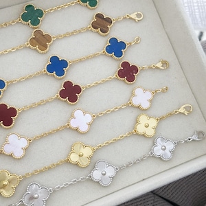 Guilloche Clover Bracelet – 18k Gold, 5 four leaf Clover, Four Leaf Gold Plated, white gold plated 15mm Four Leaf Clver Jewelry, clover