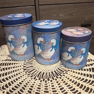 Vintage Winter Geese Nesting Tins - Blue Ribbon Canisters Set of 3