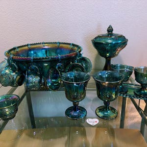 Vintage Iridescent Blue Harvest Carnival Glass Punch Bowl and Cup Set