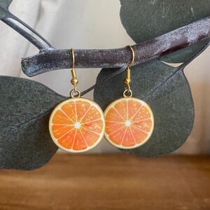 May include: A pair of gold earrings with orange fruit slice charms. The earrings are hanging from a branch.