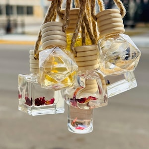 May include: A set of six glass car air fresheners with different shapes and floral accents. The fresheners are suspended from wooden beads and twine.